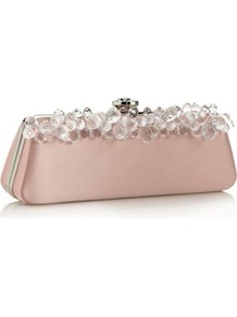 Designer Pale Pink Gem Detail Clutch Bag - predominant colour: blush; occasions: evening; style: clutch; length: hand carry; size: small; material: satin; pattern: plain; finish: plain; embellishment: jewels