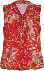 Dahlia Print Blouse - sleeve style: sleeveless; neckline: pussy bow; style: blouse; predominant colour: bright orange; occasions: casual; length: standard; fibres: polyester/polyamide - 100%; fit: straight cut; sleeve length: sleeveless; texture group: sheer fabrics/chiffon/organza etc.; pattern type: fabric; pattern size: big & busy; pattern: florals