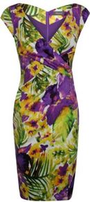 Printed Cotton Sateen Dress - style: shift; neckline: low v-neck; sleeve style: capped; fit: tailored/fitted; secondary colour: lime; occasions: evening, work, occasion; length: just above the knee; fibres: cotton - stretch; predominant colour: multicoloured; sleeve length: sleeveless; texture group: structured shiny - satin/tafetta/silk etc.; trends: high impact florals, glamorous day shifts; pattern type: fabric; pattern size: big & busy; pattern: florals