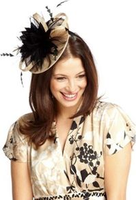 Ascot Fascinator - predominant colour: camel; secondary colour: black; occasions: evening, occasion; type of pattern: light; style: fascinator; size: standard; material: sinamay; embellishment: feather; pattern: plain