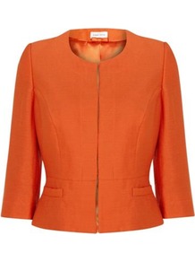 Slub Linen Jacket - pattern: plain; style: single breasted blazer; bust detail: added detail/embellishment at bust; collar: round collar/collarless; predominant colour: bright orange; occasions: casual, evening, work, occasion, holiday; length: standard; fit: tailored/fitted; fibres: linen - mix; waist detail: fitted waist; sleeve length: 3/4 length; sleeve style: standard; texture group: linen; collar break: high; pattern type: fabric