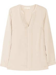 Pleated Silk Top - pattern: plain; length: below the bottom; bust detail: ruching/gathering/draping/layers/pintuck pleats at bust; predominant colour: ivory; occasions: casual, holiday; style: top; neckline: mandarin with v-neck; fibres: silk - 100%; fit: body skimming; sleeve length: long sleeve; sleeve style: standard; texture group: silky - light; pattern type: fabric