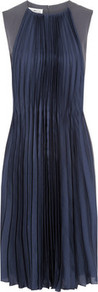 Crepe And Pleated Silk Dress - sleeve style: capped; fit: fitted at waist; pattern: plain; style: blouson; waist detail: twist front waist detail/nipped in at waist on one side/soft pleats/draping/ruching/gathering waist detail; back detail: contrast pattern/fabric at back; predominant colour: navy; secondary colour: charcoal; occasions: evening, occasion; length: on the knee; fibres: polyester/polyamide - mix; neckline: crew; hip detail: structured pleats at hip; sleeve length: sleeveless; texture group: sheer fabrics/chiffon/organza etc.; bust detail: tiers/frills/bulky drapes/pleats; pattern type: fabric