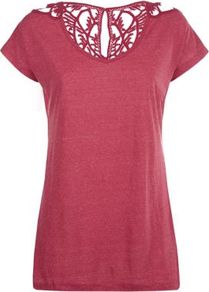 Plum Crochet Back T Shirt - pattern: plain; length: below the bottom; style: t-shirt; shoulder detail: contrast pattern/fabric at shoulder; back detail: contrast pattern/fabric at back; occasions: casual, holiday; neckline: scoop; fibres: cotton - 100%; fit: body skimming; sleeve length: short sleeve; sleeve style: standard; pattern type: knitted - big stitch; texture group: jersey - stretchy/drapey; predominant colour: dusky pink