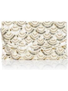 Cream Sequin Bead Scallop Clutch - predominant colour: ivory; secondary colour: silver; occasions: evening, occasion; style: clutch; length: hand carry; size: standard; material: fabric; embellishment: sequins; pattern: plain; finish: metallic