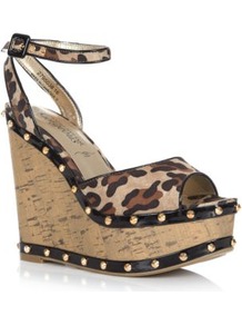 Brown Leopard Print Stud Cork Wedges - secondary colour: tan; predominant colour: stone; occasions: evening, holiday; material: fabric; heel height: high; embellishment: studs; ankle detail: ankle strap; heel: wedge; toe: open toe/peeptoe; style: standard; pattern: animal print