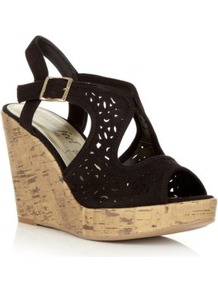Wide Fit Black Laser Cut Wedge Sandals - predominant colour: black; material: faux leather; heel height: high; heel: wedge; toe: open toe/peeptoe; style: standard; occasions: holiday; finish: plain; pattern: plain