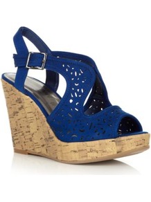 Wide Fit Blue Laser Cut Cork Wedges - predominant colour: royal blue; material: faux leather; heel height: high; heel: wedge; toe: open toe/peeptoe; style: standard; occasions: holiday; finish: plain; pattern: plain