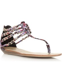 Wide Fit Red And Purple Aztec Chain Strap Sandals - predominant colour: multicoloured; material: faux leather; heel height: flat; ankle detail: ankle strap; heel: standard; toe: toe thongs; style: flip flops / toe post; occasions: holiday; finish: plain; pattern: patterned/print; embellishment: chain/metal