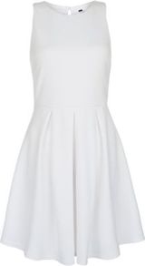 White Textured Skater Dress - neckline: slash/boat neckline; pattern: plain; sleeve style: sleeveless; style: full skirt; predominant colour: white; occasions: casual, holiday; length: just above the knee; fit: fitted at waist & bust; fibres: cotton - 100%; hip detail: soft pleats at hip/draping at hip/flared at hip; sleeve length: sleeveless; trends: volume; pattern type: fabric; embellishment: embroidered; texture group: broiderie anglais