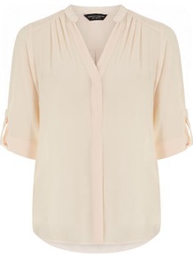 Peach Roll Sleeve Shirt - pattern: plain; style: shirt; predominant colour: nude; occasions: casual, work; length: standard; neckline: collarstand & mandarin with v-neck; fibres: polyester/polyamide - 100%; fit: straight cut; shoulder detail: flat/draping pleats/ruching/gathering at shoulder; sleeve length: half sleeve; sleeve style: standard; texture group: sheer fabrics/chiffon/organza etc.; pattern type: fabric