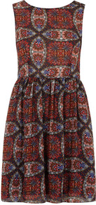 Petite Red Floral Tea Dress - length: mid thigh; neckline: round neck; sleeve style: sleeveless; waist detail: fitted waist; predominant colour: terracotta; secondary colour: black; occasions: casual, evening; fit: fitted at waist & bust; style: fit & flare; fibres: polyester/polyamide - 100%; hip detail: soft pleats at hip/draping at hip/flared at hip; sleeve length: sleeveless; texture group: sheer fabrics/chiffon/organza etc.; pattern type: fabric; pattern size: big & busy; pattern: patterned/print