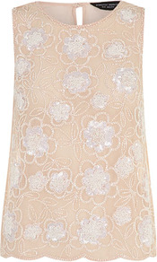 Blush Embellished Vest - neckline: round neck; sleeve style: sleeveless; bust detail: added detail/embellishment at bust; predominant colour: nude; occasions: evening, occasion; length: standard; style: top; fibres: polyester/polyamide - 100%; fit: body skimming; back detail: keyhole/peephole detail at back; sleeve length: sleeveless; texture group: sheer fabrics/chiffon/organza etc.; pattern type: fabric; pattern size: small & light; pattern: florals; embellishment: sequins