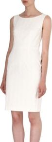 Dinova Jaquard Shift Dress - style: shift; neckline: slash/boat neckline; fit: tailored/fitted; pattern: plain; sleeve style: sleeveless; predominant colour: white; occasions: evening, work, occasion; length: just above the knee; fibres: cotton - stretch; sleeve length: sleeveless; pattern type: fabric; texture group: brocade/jacquard