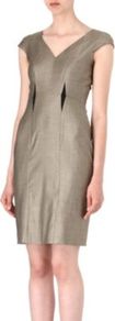 Dilova Dress - style: shift; neckline: v-neck; sleeve style: capped; fit: tailored/fitted; pattern: plain; predominant colour: taupe; occasions: evening, work, occasion; length: just above the knee; fibres: wool - stretch; sleeve length: short sleeve; trends: metallics; pattern type: fabric; texture group: woven light midweight