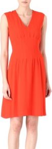 Dilenja Dress - style: shift; neckline: v-neck; fit: fitted at waist; pattern: plain; sleeve style: sleeveless; waist detail: wide waistband/cummerbund; bust detail: ruching/gathering/draping/layers/pintuck pleats at bust; predominant colour: bright orange; occasions: evening, work, occasion, holiday; length: just above the knee; fibres: silk - 100%; hip detail: sculpting darts/pleats/seams at hip; shoulder detail: flat/draping pleats/ruching/gathering at shoulder; sleeve length: sleeveless; texture group: crepes; trends: glamorous day shifts; pattern type: fabric