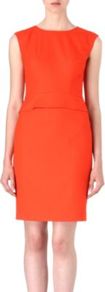 Dapeplina Dress - style: shift; fit: tailored/fitted; pattern: plain; sleeve style: sleeveless; waist detail: peplum waist detail; predominant colour: bright orange; occasions: evening, work; length: just above the knee; fibres: wool - stretch; neckline: crew; sleeve length: sleeveless; trends: glamorous day shifts; pattern type: fabric; texture group: woven light midweight