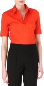 Folded Sleeve Shirt - neckline: shirt collar/peter pan/zip with opening; pattern: plain; style: shirt; predominant colour: bright orange; occasions: work; length: standard; fibres: cotton - mix; fit: tailored/fitted; sleeve length: half sleeve; sleeve style: standard; texture group: cotton feel fabrics; pattern type: fabric