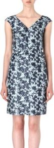 Deflora Dress - style: shift; neckline: v-neck; sleeve style: capped; fit: tailored/fitted; waist detail: belted waist/tie at waist/drawstring; secondary colour: pale blue; predominant colour: navy; occasions: evening, work, occasion, holiday; length: just above the knee; fibres: silk - 100%; hip detail: sculpting darts/pleats/seams at hip; sleeve length: short sleeve; texture group: silky - light; trends: high impact florals, glamorous day shifts, modern geometrics; pattern type: fabric; pattern size: small & busy; pattern: florals