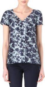 Ipelisa Silk Top - neckline: v-neck; secondary colour: pale blue; predominant colour: navy; occasions: casual, evening, work, holiday; length: standard; style: top; fibres: silk - 100%; fit: straight cut; sleeve length: short sleeve; sleeve style: standard; texture group: silky - light; trends: statement prints; pattern type: fabric; pattern size: small & busy; pattern: florals