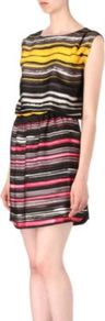 Dorana Dress - style: shift; length: mid thigh; neckline: round neck; fit: fitted at waist; pattern: horizontal stripes; sleeve style: sleeveless; waist detail: elasticated waist; back detail: contrast pattern/fabric at back; secondary colour: hot pink; predominant colour: black; occasions: casual, evening, work, occasion, holiday; fibres: silk - 100%; hip detail: ruching/gathering at hip; sleeve length: sleeveless; texture group: crepes; trends: striking stripes, statement prints; pattern type: fabric; pattern size: standard