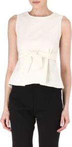 Bow Belt Top - pattern: plain; sleeve style: sleeveless; waist detail: peplum waist detail; predominant colour: ivory; occasions: evening, work; length: standard; style: top; fibres: cotton - mix; fit: tailored/fitted; neckline: crew; sleeve length: sleeveless; texture group: cotton feel fabrics; pattern type: fabric