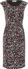 Poppy Red Leaf Print Dress - style: shift; neckline: round neck; sleeve style: capped; waist detail: twist front waist detail/nipped in at waist on one side/soft pleats/draping/ruching/gathering waist detail; secondary colour: true red; occasions: evening, work; length: just above the knee; fit: body skimming; fibres: polyester/polyamide - stretch; sleeve length: sleeveless; predominant colour: monochrome; trends: high impact florals, glamorous day shifts; pattern type: fabric; pattern size: standard; pattern: patterned/print; texture group: jersey - stretchy/drapey