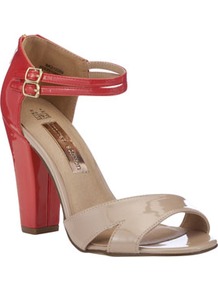 Limited Edition Colour Block Sandals - predominant colour: true red; secondary colour: tan; occasions: casual, evening, work, occasion, holiday; material: faux leather; heel height: high; embellishment: buckles; ankle detail: ankle strap; heel: block; toe: open toe/peeptoe; style: standard; finish: patent; pattern: colourblock