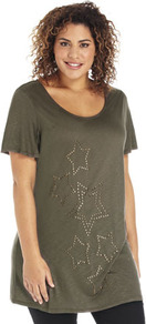 True Star Studded T Shirt - bust detail: added detail/embellishment at bust; length: below the bottom; style: t-shirt; predominant colour: khaki; occasions: casual; neckline: scoop; fibres: viscose/rayon - 100%; fit: loose; sleeve length: short sleeve; sleeve style: standard; pattern type: fabric; pattern: patterned/print; texture group: jersey - stretchy/drapey; embellishment: studs