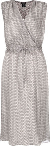 Grey Circle Print Silk Dress - style: faux wrap/wrap; length: below the knee; neckline: v-neck; pattern: plain; sleeve style: sleeveless; waist detail: elasticated waist; secondary colour: ivory; predominant colour: light grey; occasions: evening, occasion; fit: body skimming; fibres: silk - 100%; sleeve length: sleeveless; texture group: sheer fabrics/chiffon/organza etc.; pattern type: fabric; pattern size: small & busy