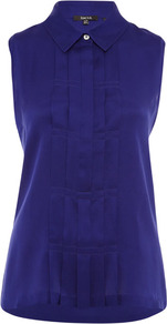 Blue Pleat Front Silk Shirt - neckline: shirt collar/peter pan/zip with opening; pattern: plain; sleeve style: sleeveless; length: below the bottom; style: shirt; bust detail: ruching/gathering/draping/layers/pintuck pleats at bust; predominant colour: royal blue; occasions: casual, work; fibres: silk - 100%; fit: body skimming; sleeve length: sleeveless; texture group: silky - light; pattern type: fabric