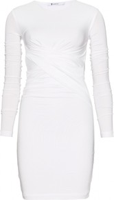 Draped Dress - length: mid thigh; fit: tight; pattern: plain; style: bodycon; waist detail: twist front waist detail/nipped in at waist on one side/soft pleats/draping/ruching/gathering waist detail; predominant colour: white; occasions: casual, evening; fibres: viscose/rayon - stretch; neckline: crew; sleeve length: long sleeve; sleeve style: standard; pattern type: fabric; texture group: jersey - stretchy/drapey