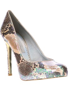 Snakeskin Print Pump - secondary colour: camel; occasions: evening, occasion; predominant colour: multicoloured; material: leather; heel: stiletto; toe: round toe; style: courts; finish: plain; pattern: animal print; heel height: very high