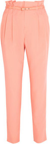 High Waisted Washed Silk Tapered Pants - pattern: plain; style: peg leg; waist: high rise; waist detail: belted waist/tie at waist/drawstring; predominant colour: coral; occasions: casual, evening, work; length: ankle length; fibres: silk - 100%; hip detail: front pleats at hip level; texture group: crepes; fit: tapered; pattern type: fabric