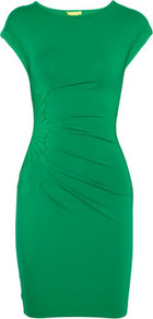 Embroidered Stretch Jersey Dress - neckline: round neck; sleeve style: capped; fit: tight; pattern: plain; style: bodycon; waist detail: twist front waist detail/nipped in at waist on one side/soft pleats/draping/ruching/gathering waist detail; predominant colour: emerald green; occasions: evening, work; length: just above the knee; fibres: viscose/rayon - stretch; sleeve length: short sleeve; pattern type: fabric; texture group: jersey - stretchy/drapey