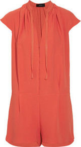 Caroline Silk Crepe Playsuit - sleeve style: capped; pattern: plain; waist detail: drop waist; hip detail: fitted at hip; bust detail: ruching/gathering/draping/layers/pintuck pleats at bust; length: short shorts; predominant colour: coral; occasions: casual, evening, holiday; fit: body skimming; neckline: mandarin with v-neck; fibres: silk - 100%; sleeve length: short sleeve; texture group: silky - light; style: playsuit; pattern type: fabric
