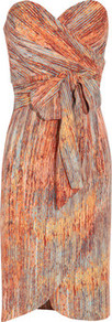 Printed Stretch Silk Dress - neckline: strapless (straight/sweetheart); sleeve style: sleeveless; style: sundress; waist detail: belted waist/tie at waist/drawstring; secondary colour: pale blue; predominant colour: terracotta; occasions: evening, occasion; length: just above the knee; fit: body skimming; sleeve length: sleeveless; texture group: silky - light; pattern type: fabric; pattern size: standard; pattern: patterned/print; fibres: silk - stretch