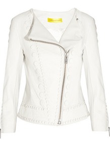 Embellished Leather Biker Jacket - pattern: plain; style: biker; bust detail: added detail/embellishment at bust; collar: asymmetric biker; shoulder detail: contrast pattern/fabric at shoulder; predominant colour: white; occasions: casual, evening, work, occasion; length: standard; fit: tailored/fitted; fibres: leather - 100%; waist detail: fitted waist; sleeve length: long sleeve; sleeve style: standard; texture group: leather; collar break: medium; pattern type: fabric; embellishment: applique
