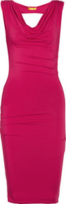 Draped Jersey Dress - neckline: cowl/draped neck; fit: tight; pattern: plain; sleeve style: sleeveless; style: bodycon; back detail: cowl/draping/scoop at back; bust detail: ruching/gathering/draping/layers/pintuck pleats at bust; predominant colour: hot pink; occasions: evening, occasion; length: just above the knee; fibres: viscose/rayon - stretch; sleeve length: sleeveless; pattern type: fabric; texture group: jersey - stretchy/drapey