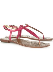 Gigi Snake Effect Patent Leather Sandals - predominant colour: hot pink; secondary colour: tan; occasions: casual, holiday; material: leather; heel height: flat; ankle detail: ankle strap; heel: standard; toe: toe thongs; style: flip flops / toe post; finish: patent; pattern: animal print