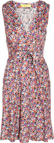 Printed Stretch Silk Dress - style: faux wrap/wrap; neckline: low v-neck; fit: fitted at waist; sleeve style: sleeveless; waist detail: wide waistband/cummerbund; predominant colour: pink; secondary colour: lilac; occasions: casual, evening; length: just above the knee; sleeve length: sleeveless; pattern type: fabric; pattern size: small & busy; pattern: patterned/print; texture group: jersey - stretchy/drapey; fibres: silk - stretch