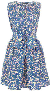 Tootsie Dress - fit: fitted at waist; sleeve style: sleeveless; style: full skirt; pattern: paisley; waist detail: belted waist/tie at waist/drawstring; bust detail: ruching/gathering/draping/layers/pintuck pleats at bust; secondary colour: ivory; predominant colour: denim; occasions: casual, evening; length: just above the knee; fibres: silk - 100%; neckline: crew; hip detail: soft pleats at hip/draping at hip/flared at hip; sleeve length: sleeveless; texture group: silky - light; trends: volume; pattern type: fabric; pattern size: standard