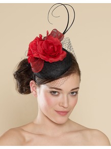 Ascot Rose And Bow Veiled Cocktail Piece - predominant colour: true red; secondary colour: black; occasions: evening, occasion; type of pattern: light; style: fascinator; size: standard; material: macrame/raffia/straw; pattern: plain; embellishment: corsage