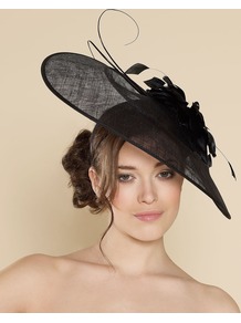 Ascot Audrey Disc With Flower - predominant colour: black; occasions: occasion; style: fascinator; size: large; material: sinamay; pattern: plain; embellishment: corsage