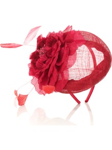 Ascot Scarlet Flower Pill Box - predominant colour: true red; occasions: occasion; style: fascinator; size: small; material: sinamay; pattern: plain; embellishment: corsage
