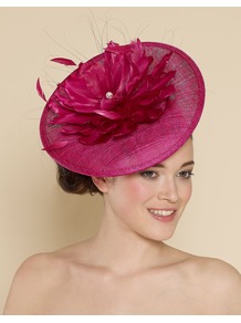 Ascot Statement Feather Flower Disc - predominant colour: hot pink; occasions: evening, occasion; type of pattern: standard; style: fascinator; size: large; material: macrame/raffia/straw; pattern: plain; embellishment: corsage