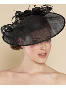 Large Sin Disc With Feather Flower - predominant colour: black; occasions: occasion; style: wide brimmed; size: large; material: macrame/raffia/straw; embellishment: feather; pattern: plain