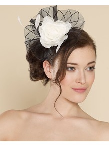Ascot Patterned Crinoline With Flower - secondary colour: white; predominant colour: black; occasions: evening, occasion; type of pattern: large; style: fascinator; size: large; material: sinamay; pattern: colourblock; embellishment: corsage