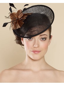 Ascot Leopard Flower Disc - secondary colour: chocolate brown; predominant colour: black; occasions: evening, occasion; type of pattern: small; style: fascinator; size: large; material: macrame/raffia/straw; pattern: plain; embellishment: corsage