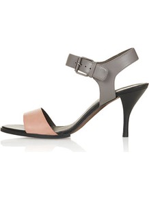 Nigella Two Part Mid Sandals - secondary colour: blush; predominant colour: silver; occasions: casual, evening, work, occasion, holiday; material: leather; heel height: mid; ankle detail: ankle strap; heel: stiletto; toe: open toe/peeptoe; style: standard; trends: metallics; finish: metallic; pattern: colourblock